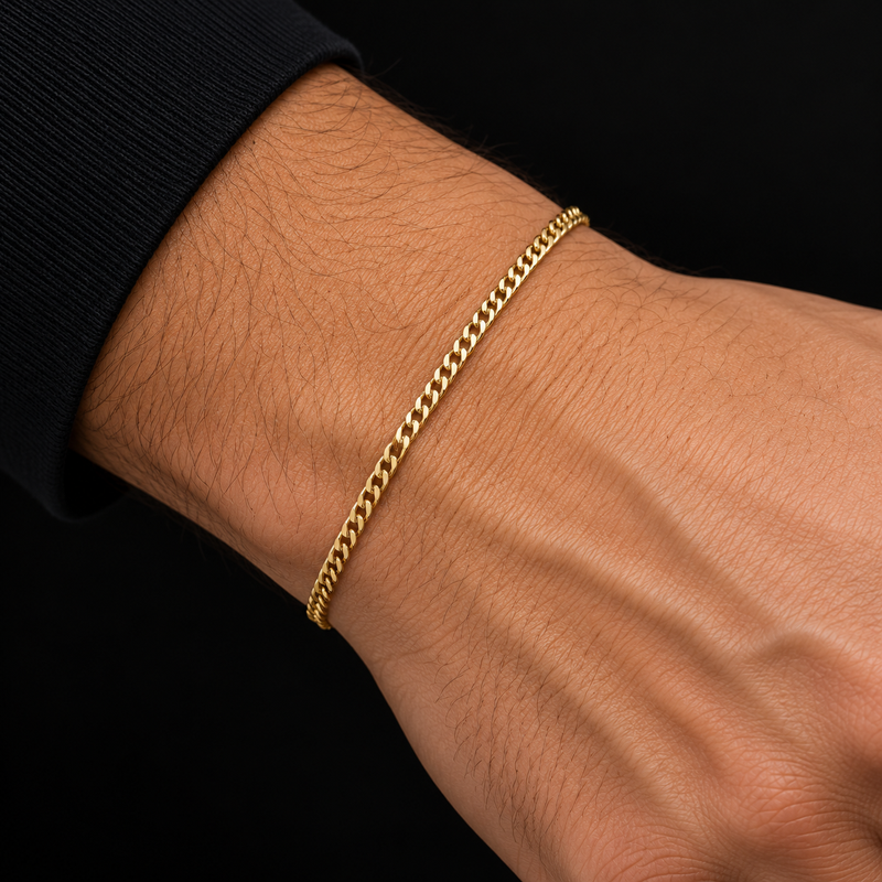 Pulso cubano de oro amarillo de 2 mm, de perfil fino, puesto en la muñeca, DP&C Joyas