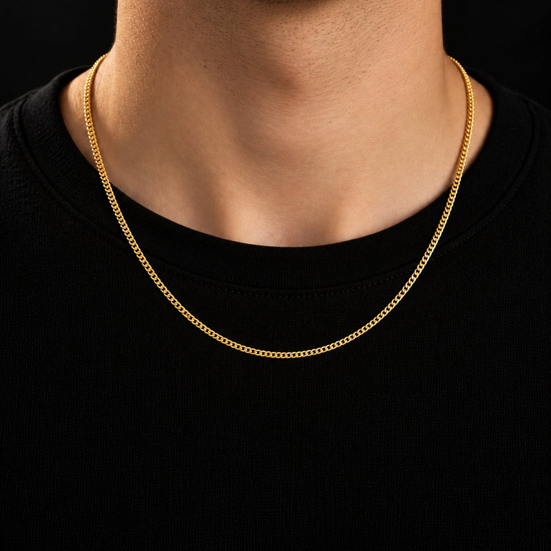 Cadena cubana de oro de 2 mm puesta sobre el cuello, DP&C Joyas