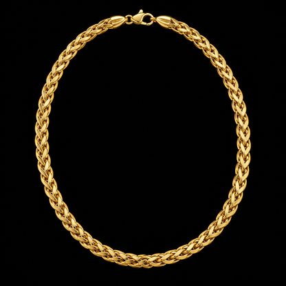 Cadena de oro tejido espiga de 5 mm en vista completa sobre fondo negro, DP&C Joyas