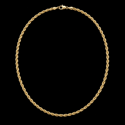 Cadena de oro tejido torsal de 2 mm en vista completa sobre fondo negro, DP&C Joyas