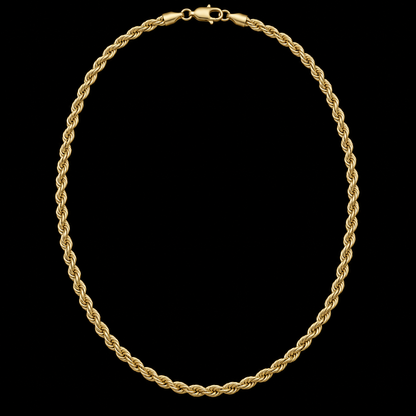 Cadena de oro tejido torsal de 3 mm en vista completa sobre fondo negro, DP&C Joyas