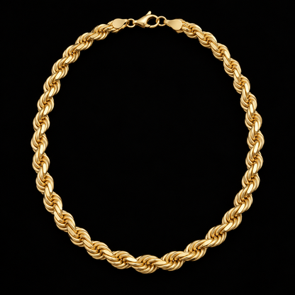 Cadena de oro tejido torsal de 8 mm en vista completa sobre fondo negro, DP&C Joyas