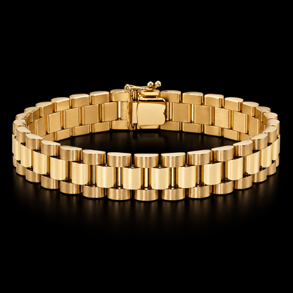 Pulso de oro tejido Rolex de 10 mm en vista completa sobre fondo negro, DP&C Joyas
