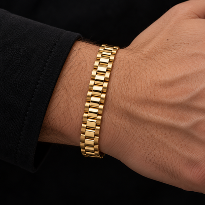 Pulso de oro tejido Rolex de 10 mm puesto en la muñeca, DP&C Joyas