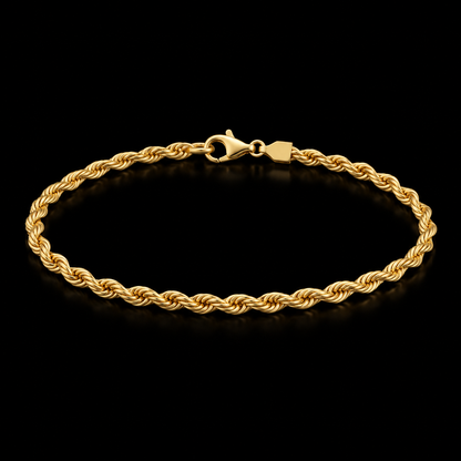 Pulso de oro tejido torsal de 2 mm en vista completa sobre fondo negro, DP&C Joyas