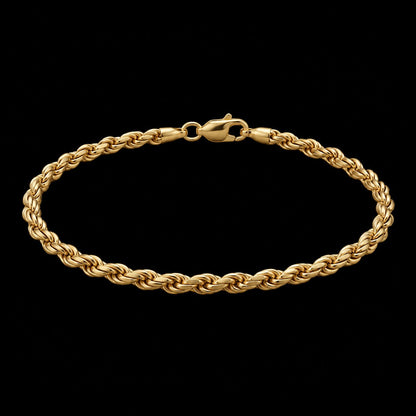 Pulso de oro tejido torsal de 3 mm en vista completa sobre fondo negro, DP&C Joyas