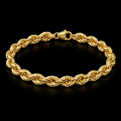 Pulso de oro tejido torsal de 6 mm en vista completa sobre fondo negro, DP&C Joyas