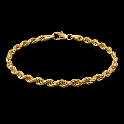 Pulso de oro tejido torsal de 4 mm en vista completa sobre fondo negro, DP&C Joyas