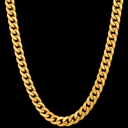 Cadena cubana de oro de 6 mm en vista completa sobre fondo negro, DP&C Joyas