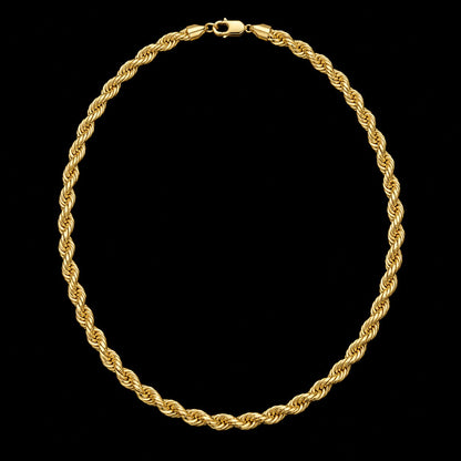 Cadena de oro tejido torsal de 4 mm en vista completa sobre fondo negro, DP&C Joyas