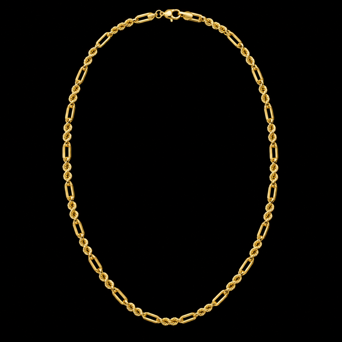 Cadena torsal fígaro de oro amarillo de 2 mm, vista completa sobre fondo negro