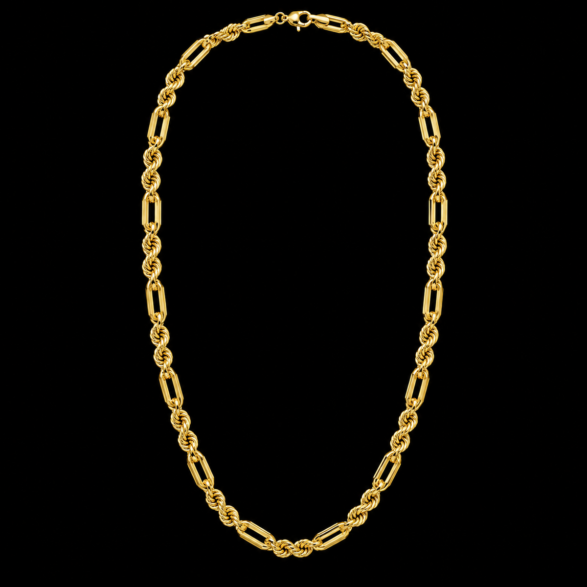 Cadena torsal fígaro de oro amarillo de 4 mm, vista completa sobre fondo negro