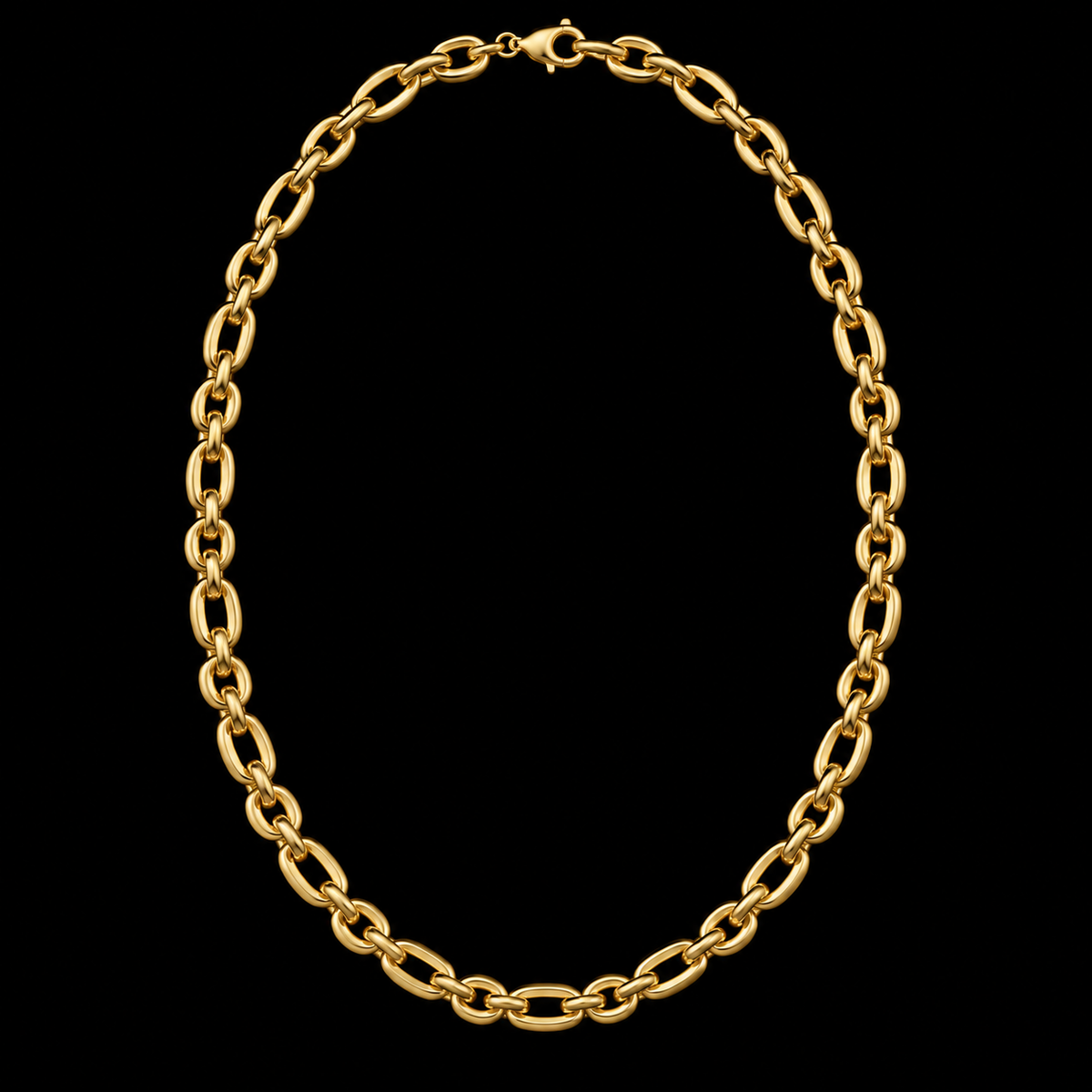 Cadena de oro tejido ancla de 5 mm en vista completa sobre fondo negro, DP&C Joyas