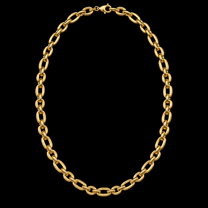Cadena de oro tejido ancla de 5 mm en vista completa sobre fondo negro, DP&C Joyas