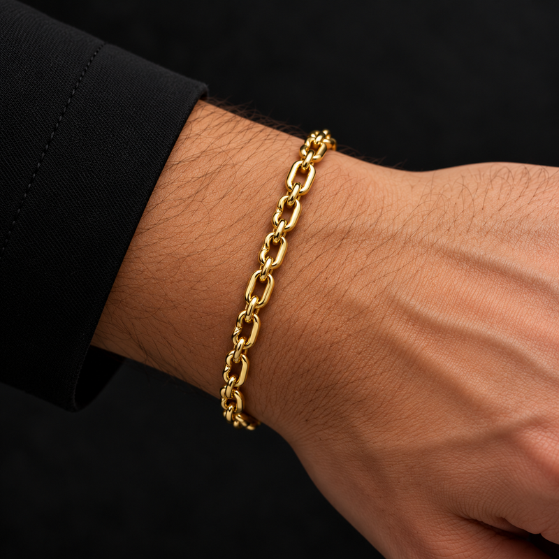 Pulso de oro tejido ancla de 5 mm y 20 cm, vista puesto en la muñeca