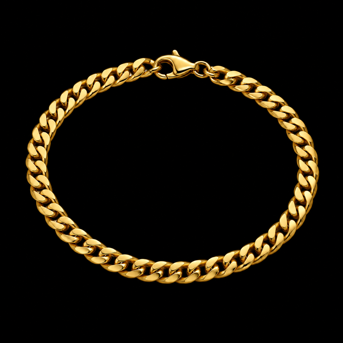 Pulso de oro tejido cubano de 4 mm en vista completa sobre fondo negro, DP&C Joyas