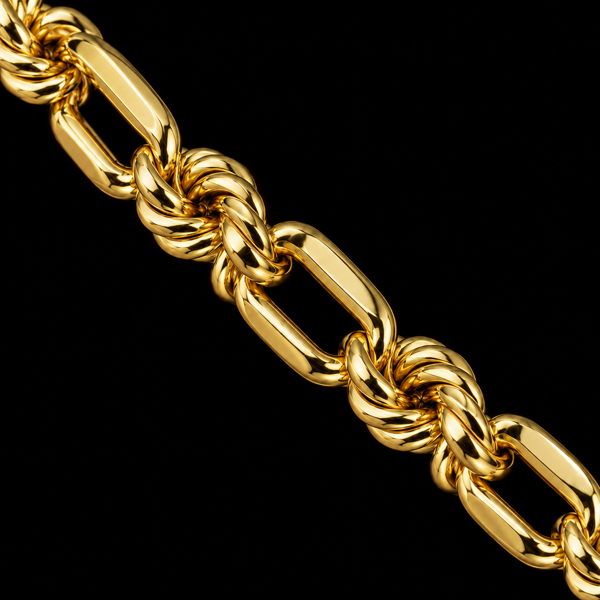 Macro del tejido torsal fígaro de oro amarillo de 4 mm con eslabones alargados y tramos torsal