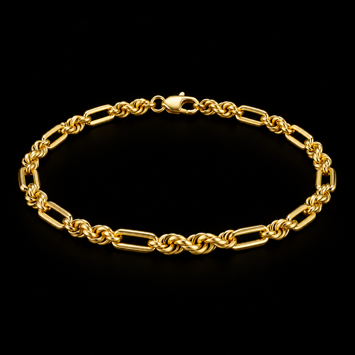 Pulso torsal fígaro de oro amarillo de 4 mm sobre fondo negro, vista completa del tejido