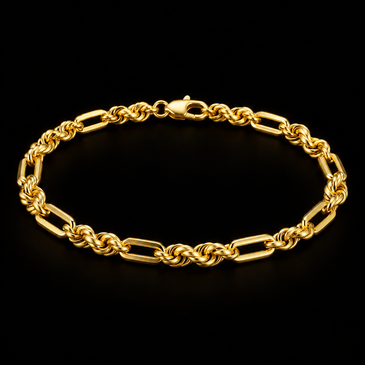 Pulso torsal fígaro de oro amarillo de 5 mm sobre fondo negro, vista completa del tejido