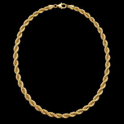 Cadena de oro tejido torsal de 5 mm en vista completa sobre fondo negro, DP&C Joyas