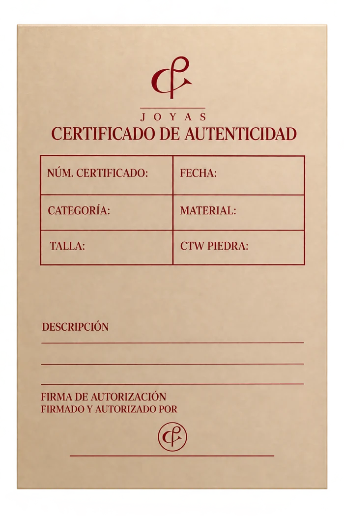 Certificado dorado de autenticidad de DP&C Joyas
